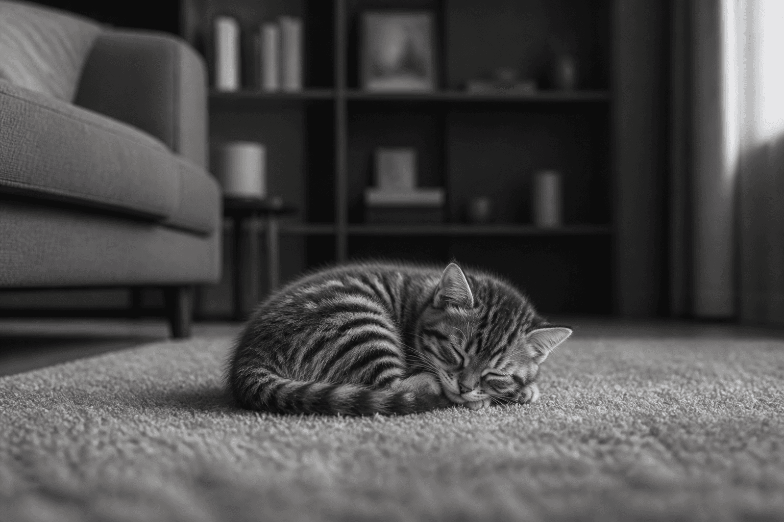 Een katje ligt alleen te slapen in een stille woonkamer