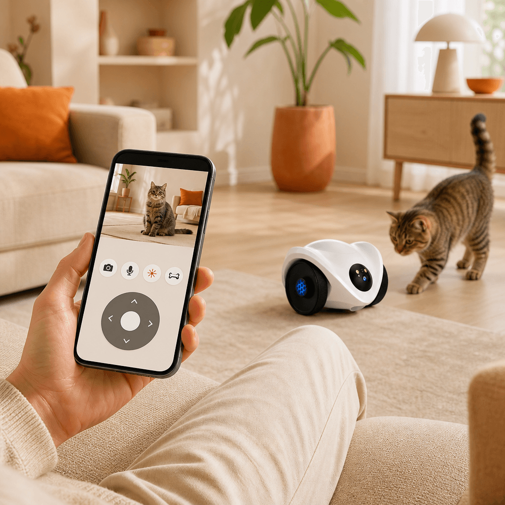 De pawbotics.nl huispatrouille-robot wordt via de app bestuurd