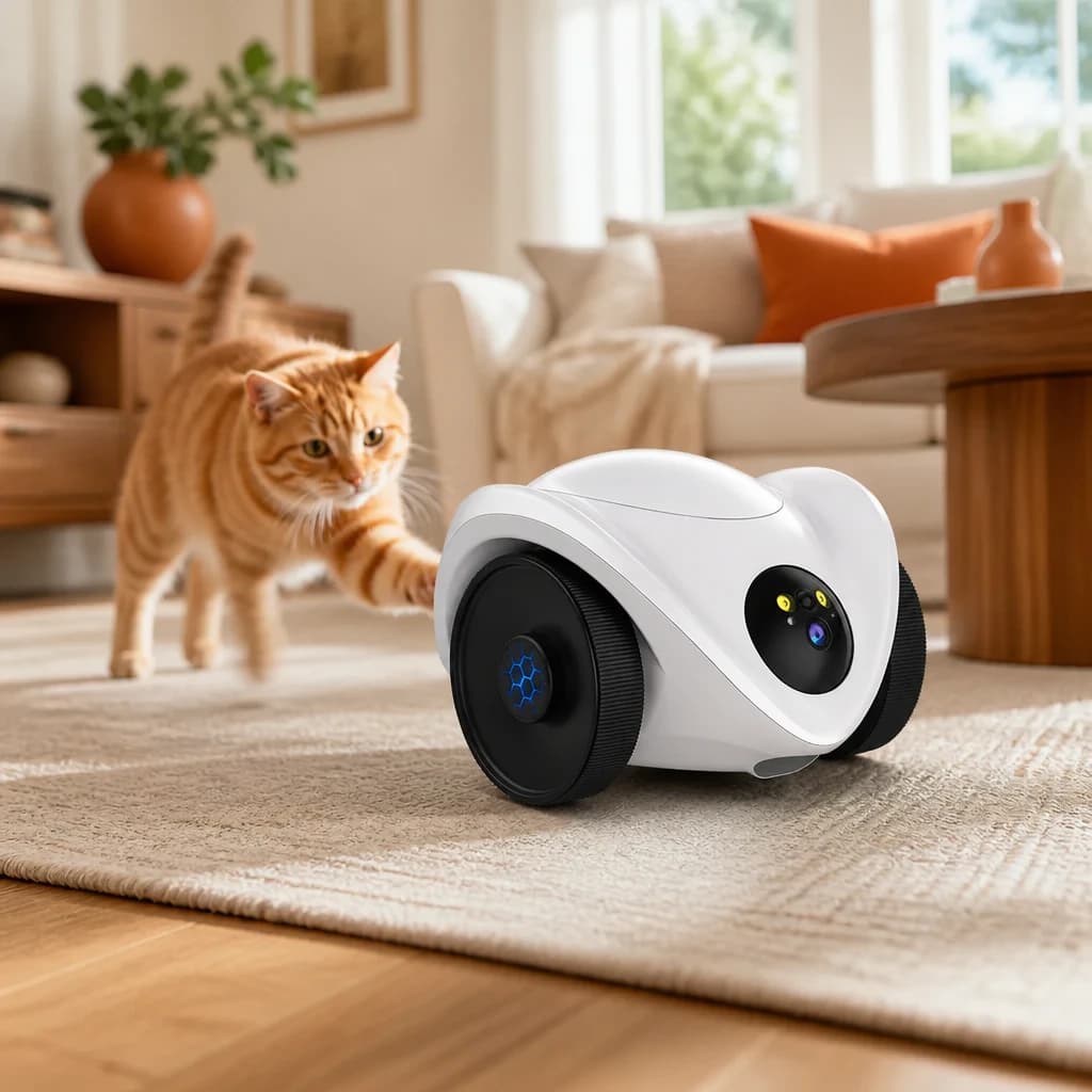 De robot rijdt over de vloer naar een kat in de woonkamer