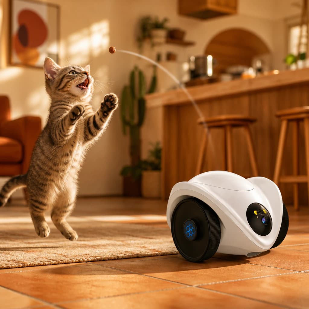Tweerichtingsgesprek en snackdispenser: de robot gooit een beloning naar een kitten