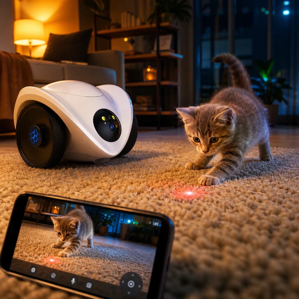 Kitten jaagt op de laser van de pawbotics.nl huispatrouille-robot, live te zien in de app