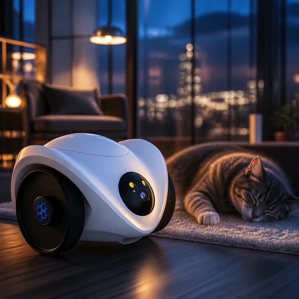 Huispatrouille-robot in de woonkamer bij een kitten, als speelmaatje en indoor camera